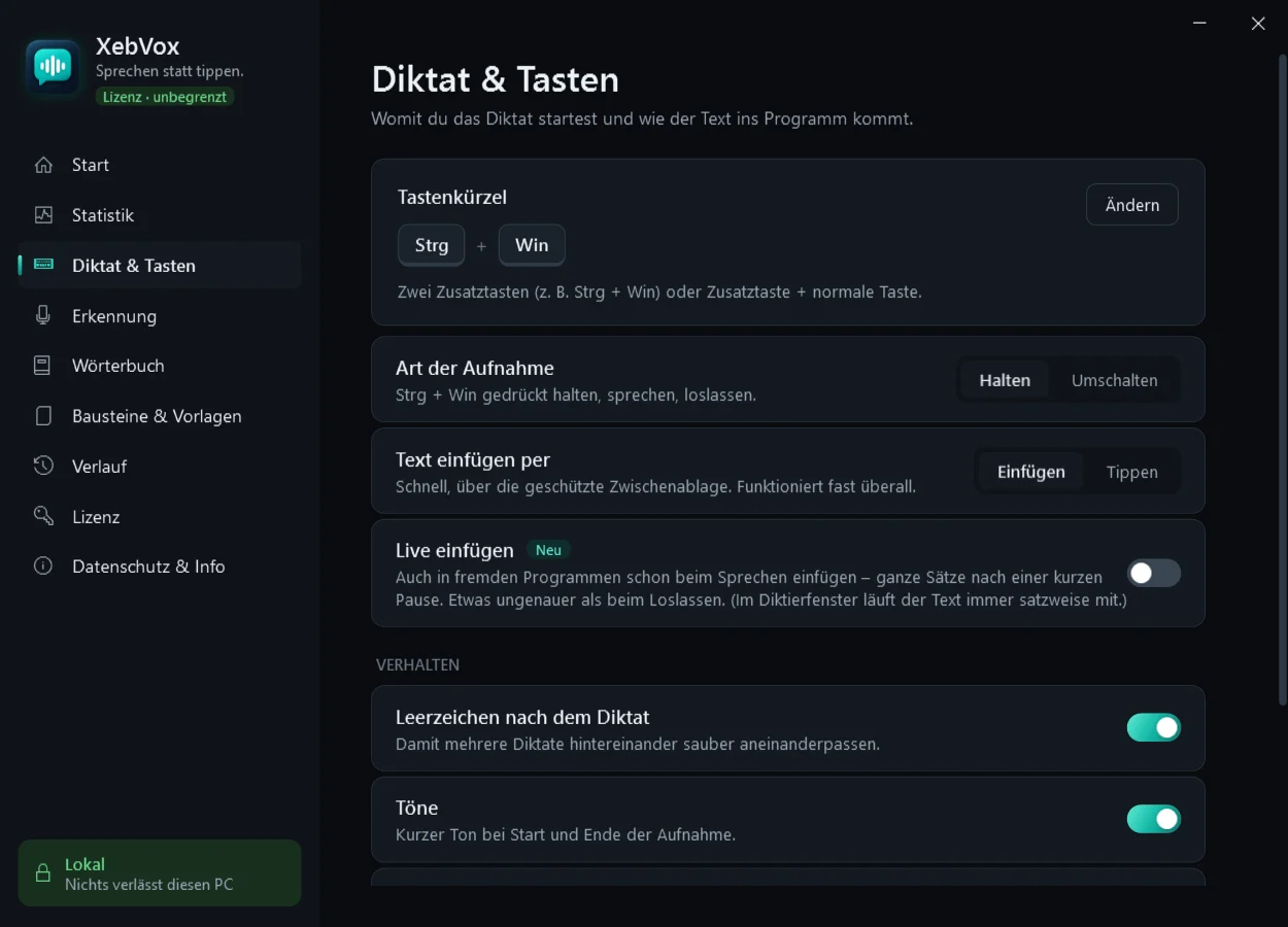 Einstellungen von XebVox