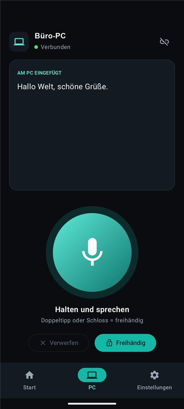 XebVox-App am Handy: großer Aufnahmeknopf, verbunden mit dem PC